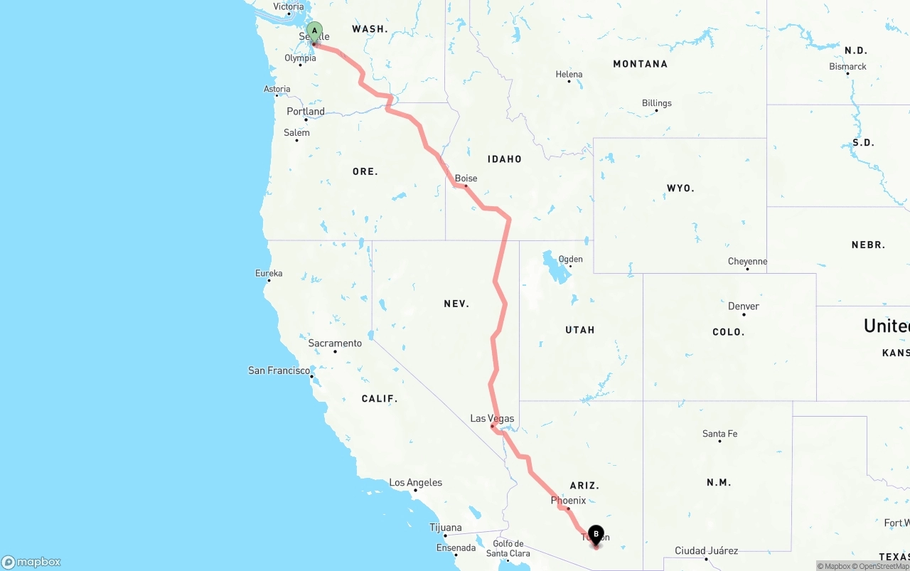 Shipping route from Seattle to Tucson International Airport