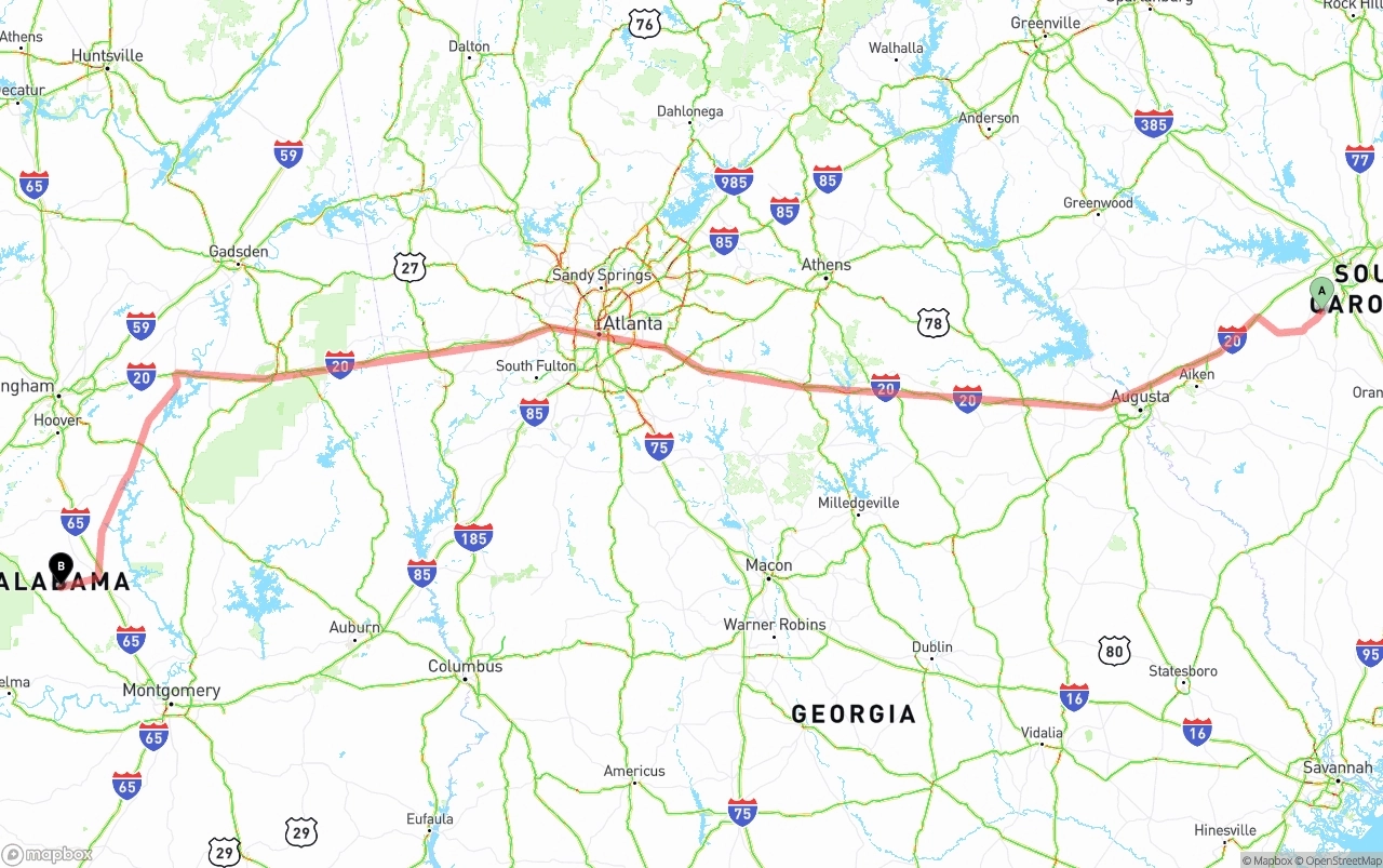 Shipping route from South Carolina to Alabama