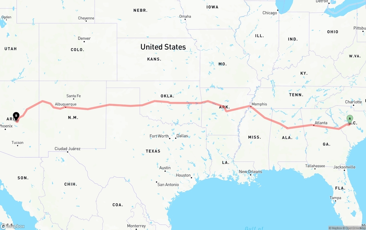Shipping route from South Carolina to Arizona