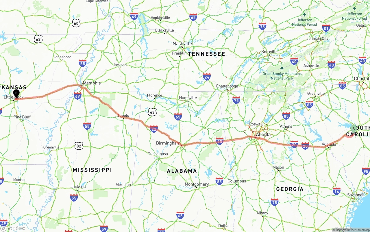 Shipping route from South Carolina to Arkansas