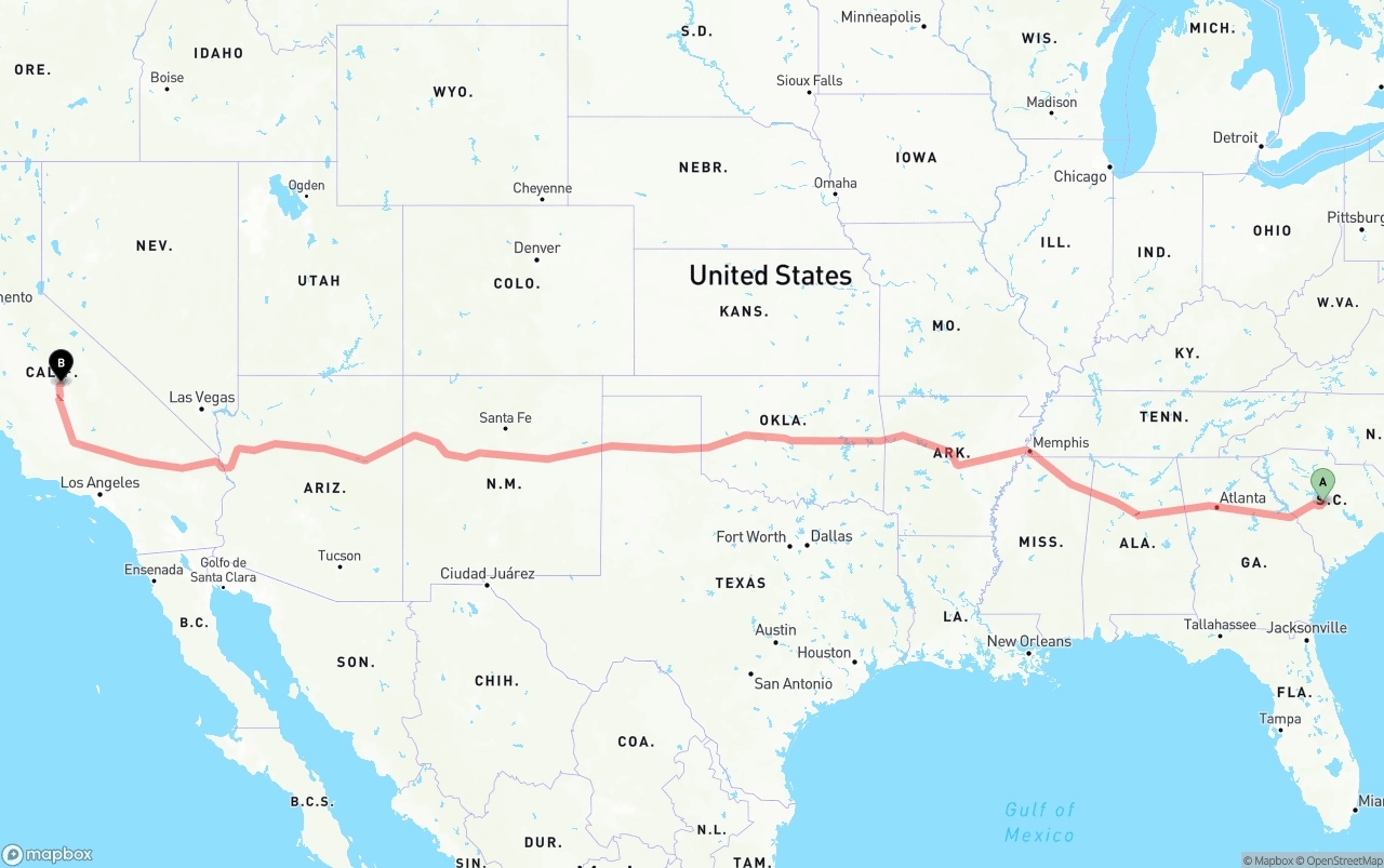 Shipping route from South Carolina to California