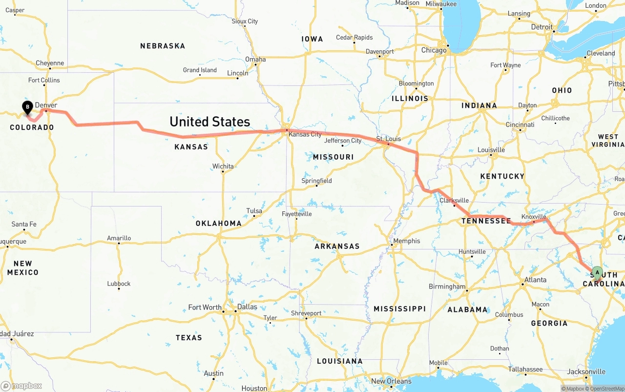 Shipping route from South Carolina to Colorado