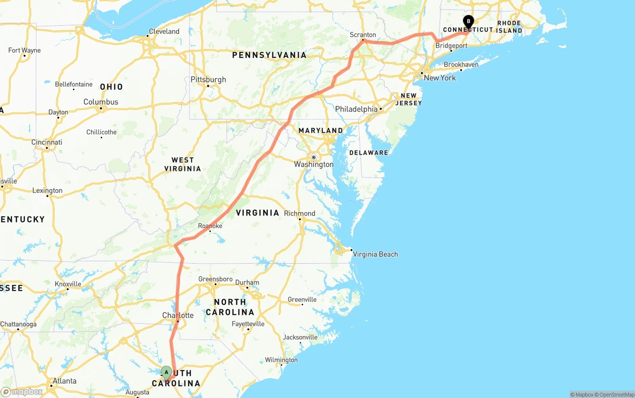 Shipping route from South Carolina to Connecticut