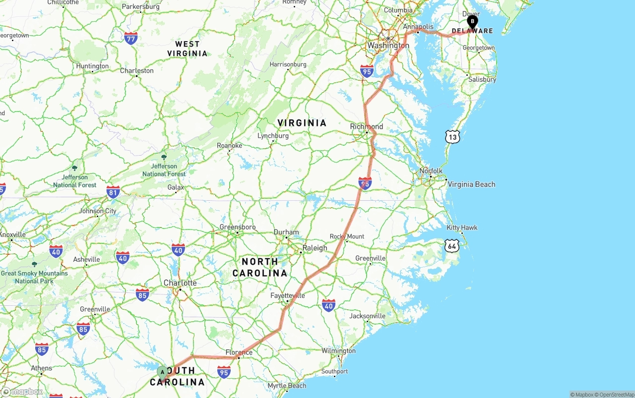 Shipping route from South Carolina to Delaware