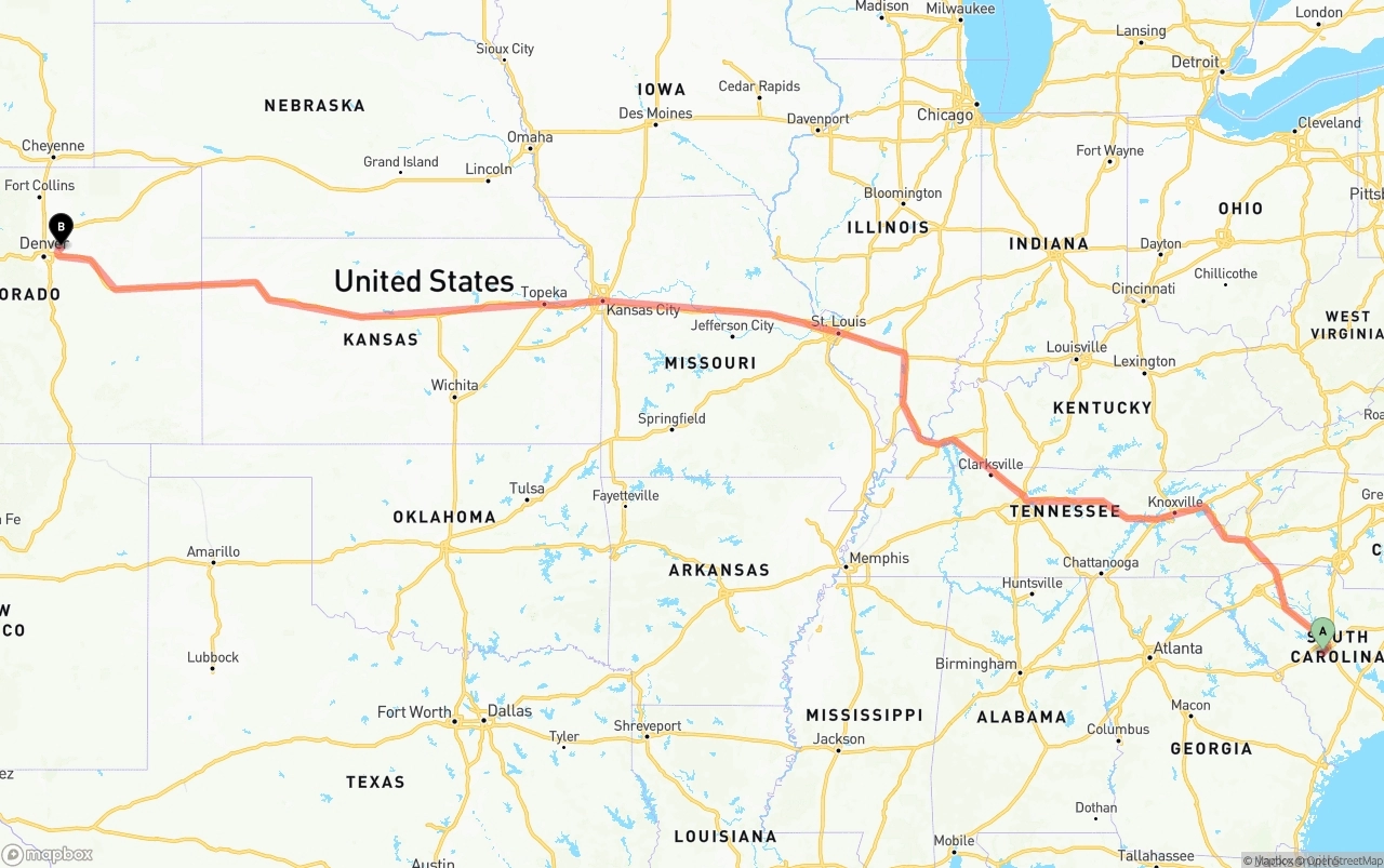 Shipping route from South Carolina to Denver International Airport