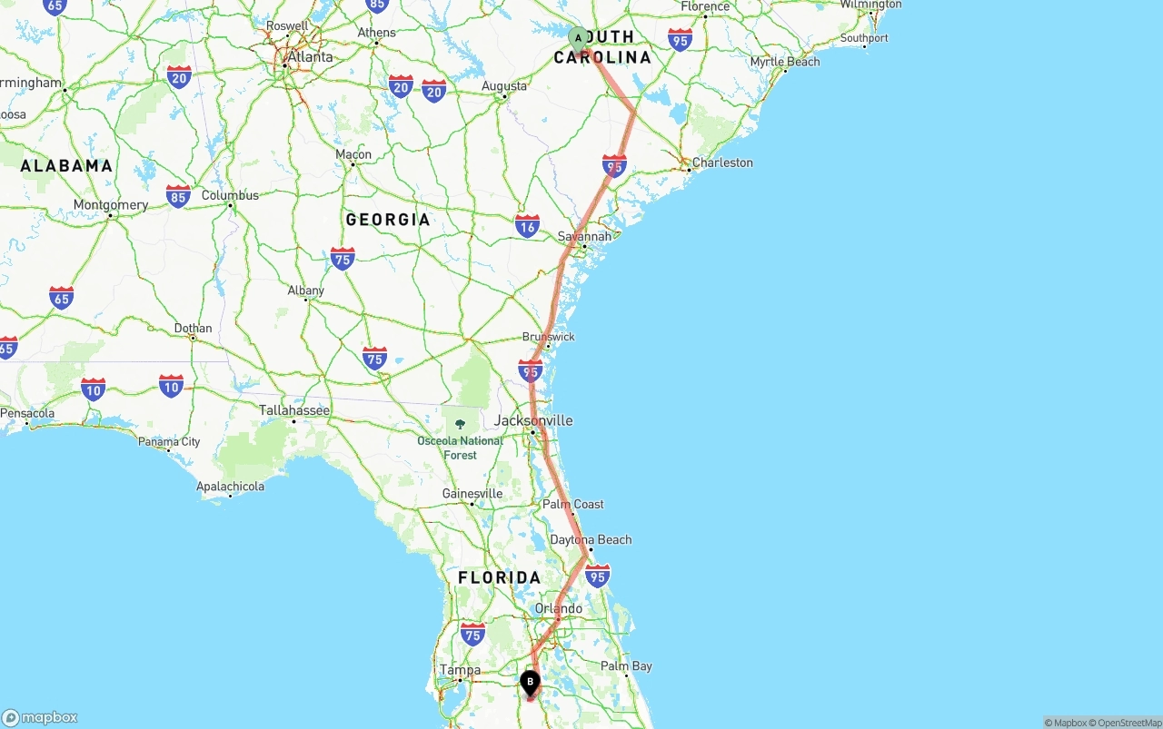 Shipping route from South Carolina to Florida