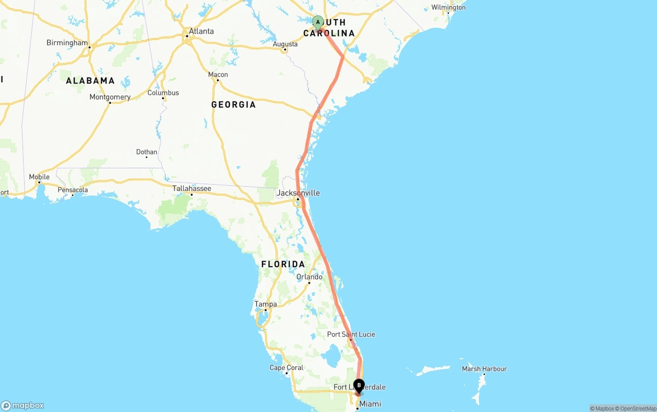 Shipping route from South Carolina to Fort Lauderdale-Hollywood International Airport