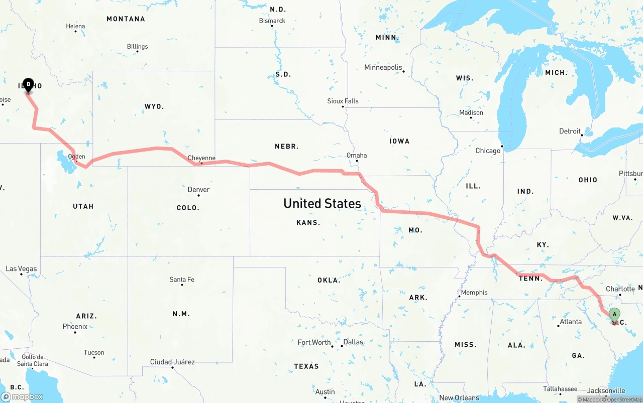 Shipping route from South Carolina to Idaho