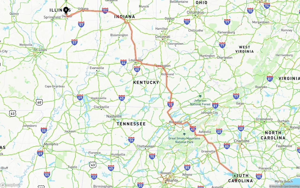 Shipping route from South Carolina to Illinois