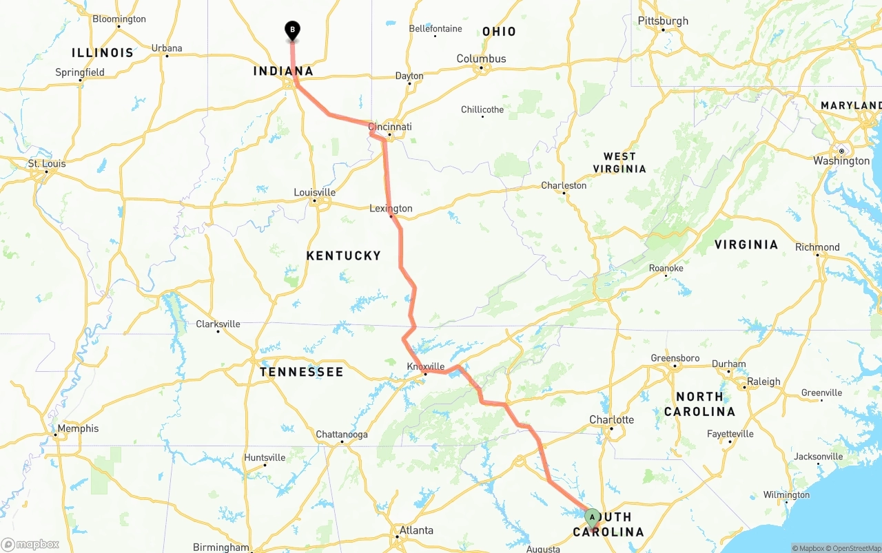 Shipping route from South Carolina to Indiana