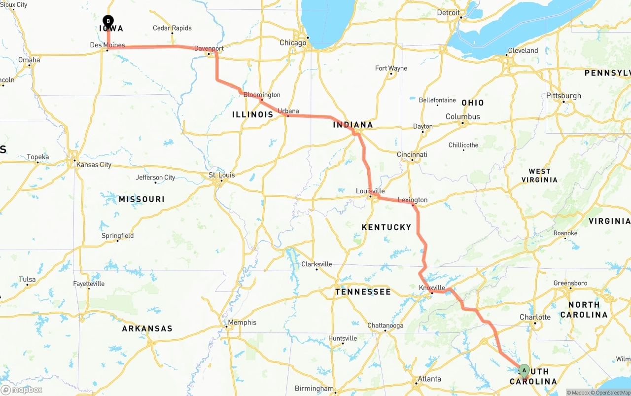Shipping route from South Carolina to Iowa