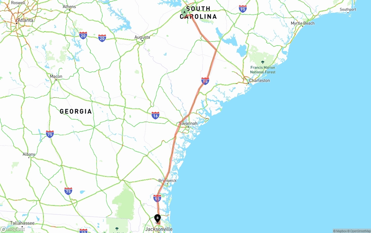 Shipping route from South Carolina to Jacksonville International Airport