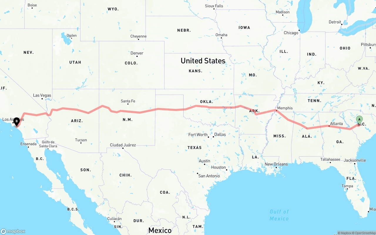 Shipping route from South Carolina to John Wayne Airport — Orange County