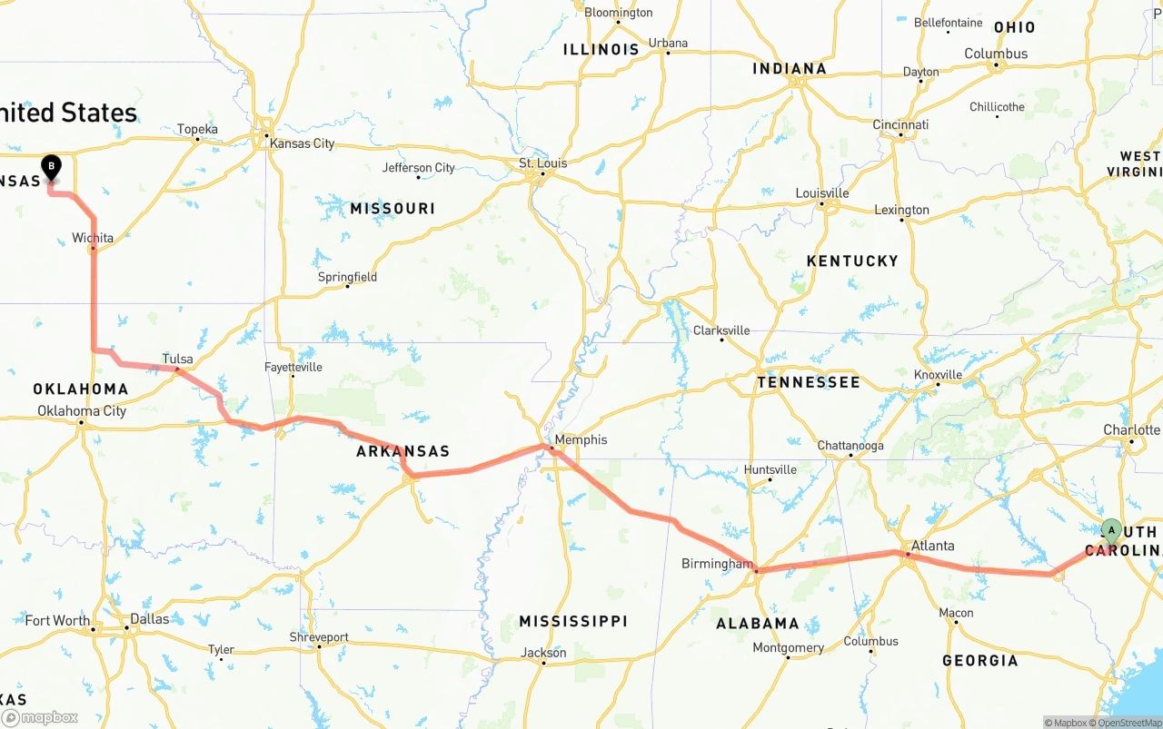 Shipping route from South Carolina to Kansas