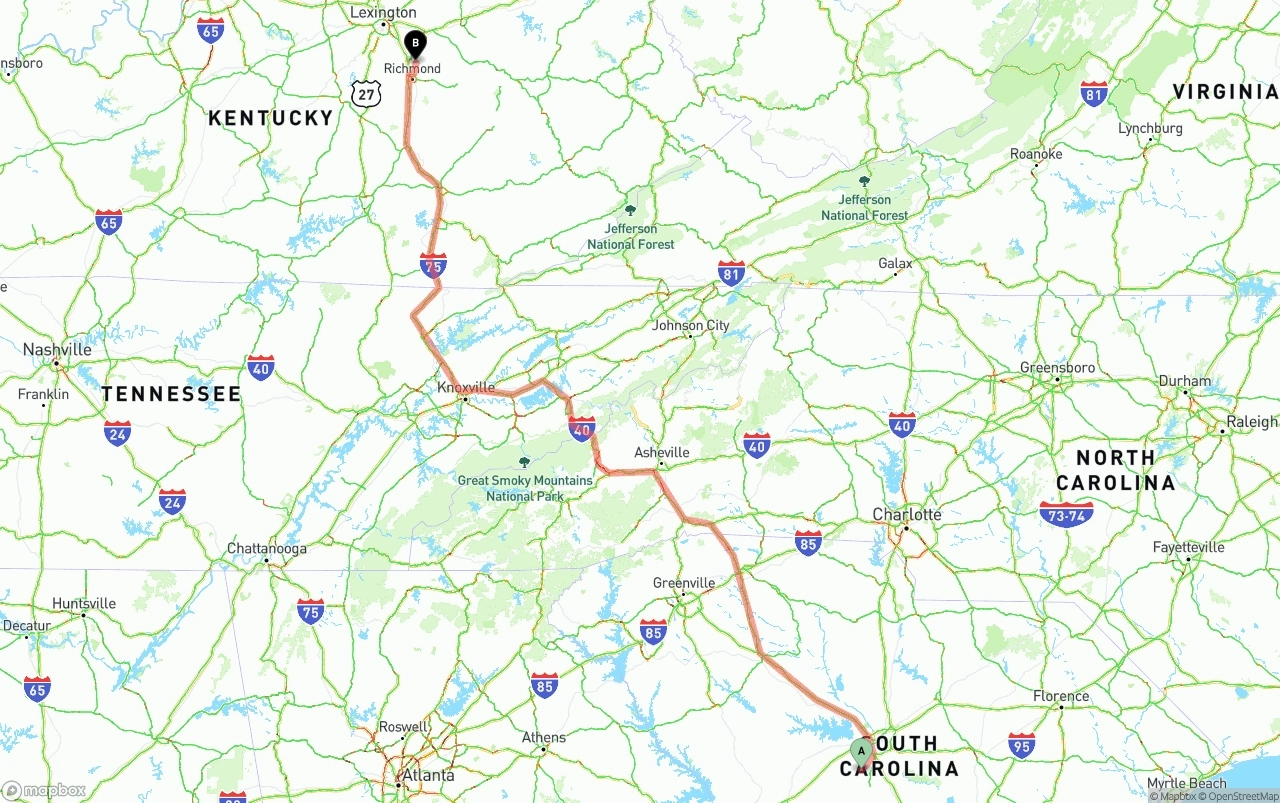 Shipping route from South Carolina to Kentucky