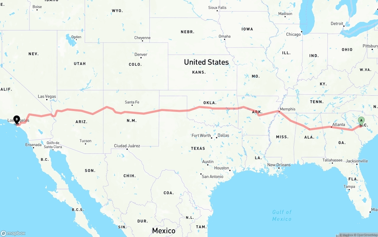 Shipping route from South Carolina to Los Angeles International Airport