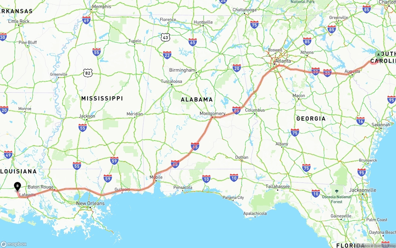Shipping route from South Carolina to Louisiana