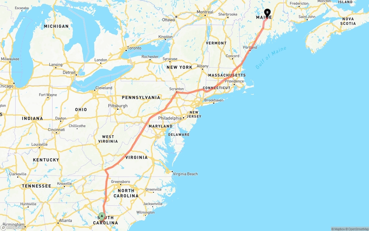 Shipping route from South Carolina to Maine