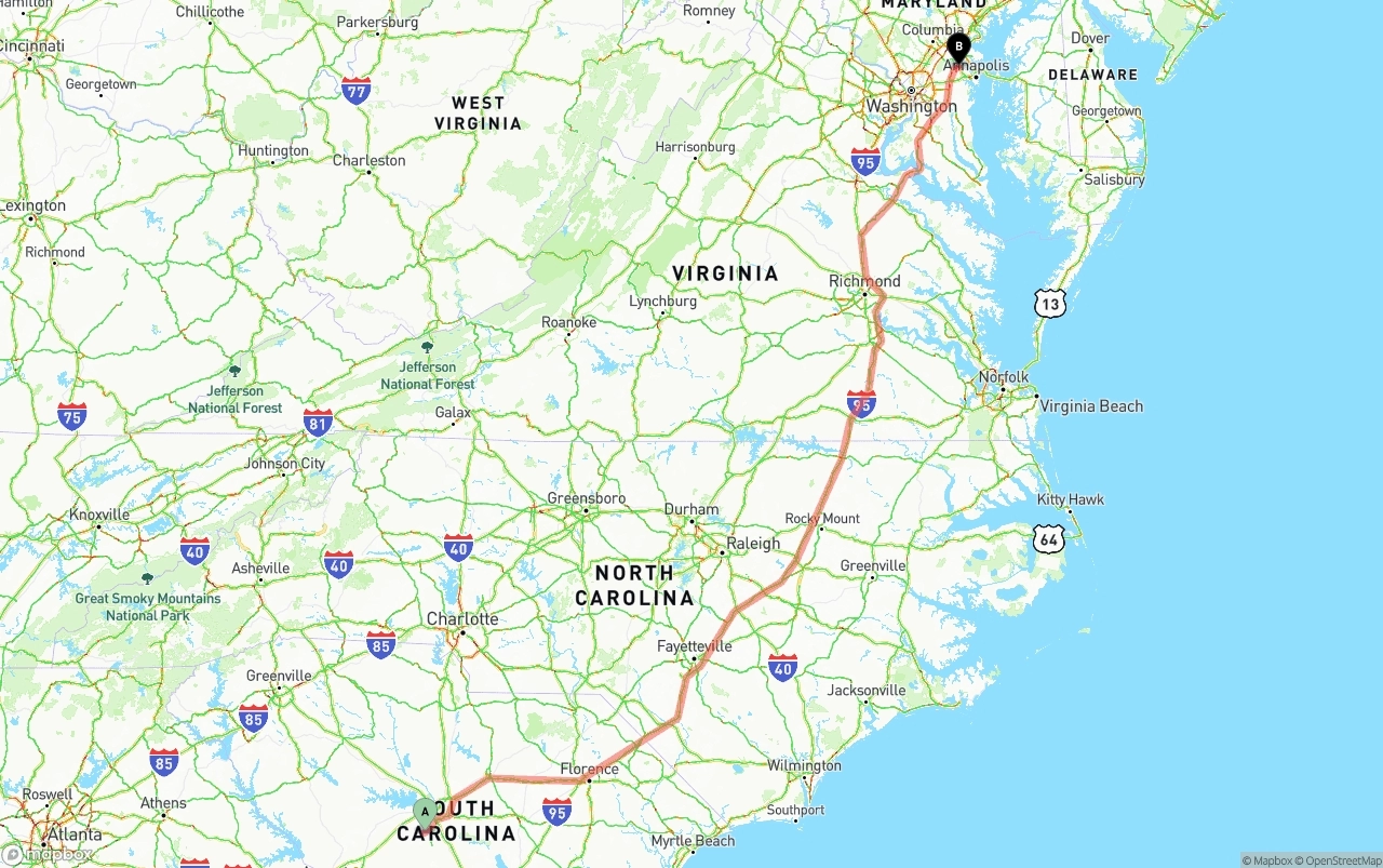 Shipping route from South Carolina to Maryland