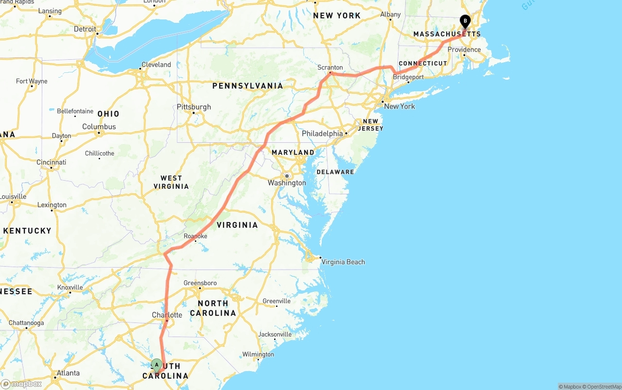 Shipping route from South Carolina to Massachusetts