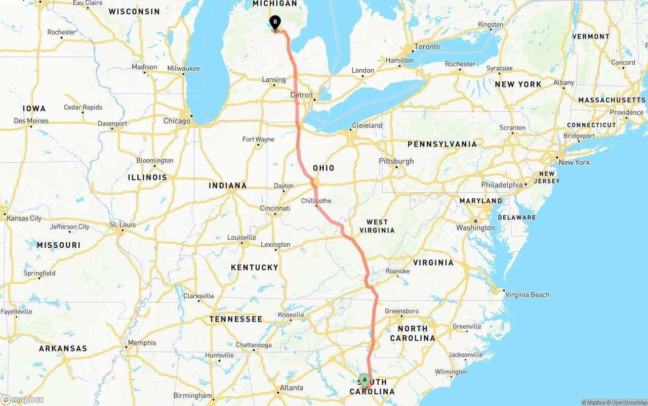 Shipping route from South Carolina to Michigan