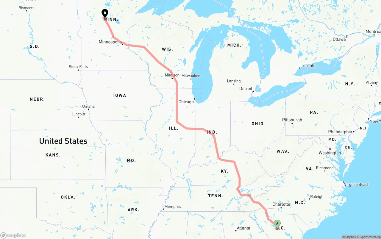 Shipping route from South Carolina to Minnesota