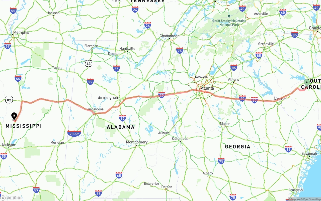 Shipping route from South Carolina to Mississippi