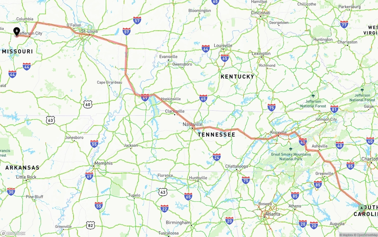 Shipping route from South Carolina to Missouri