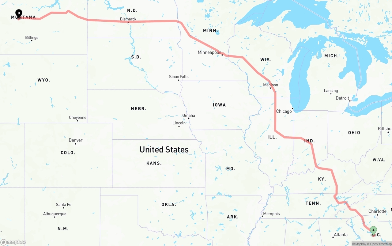 Shipping route from South Carolina to Montana