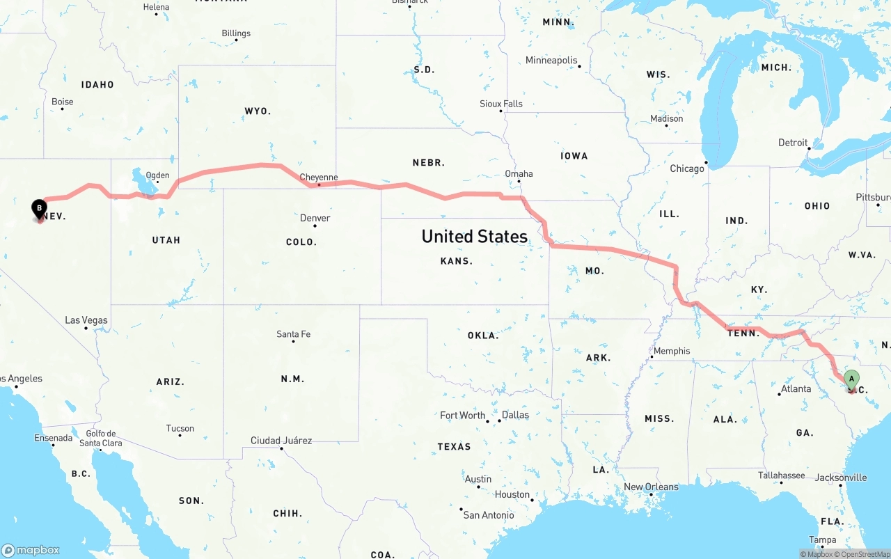 Shipping route from South Carolina to Nevada