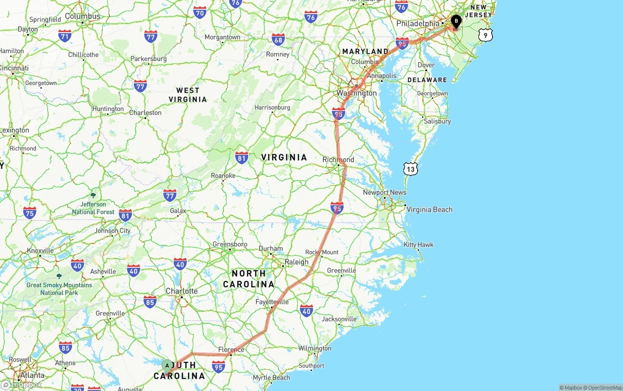 Shipping route from South Carolina to New Jersey