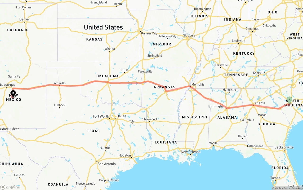 Shipping route from South Carolina to New Mexico