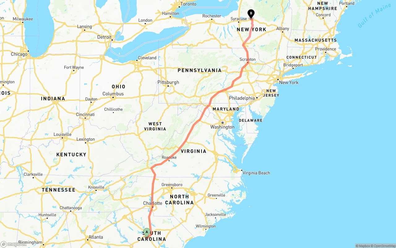 Shipping route from South Carolina to New York