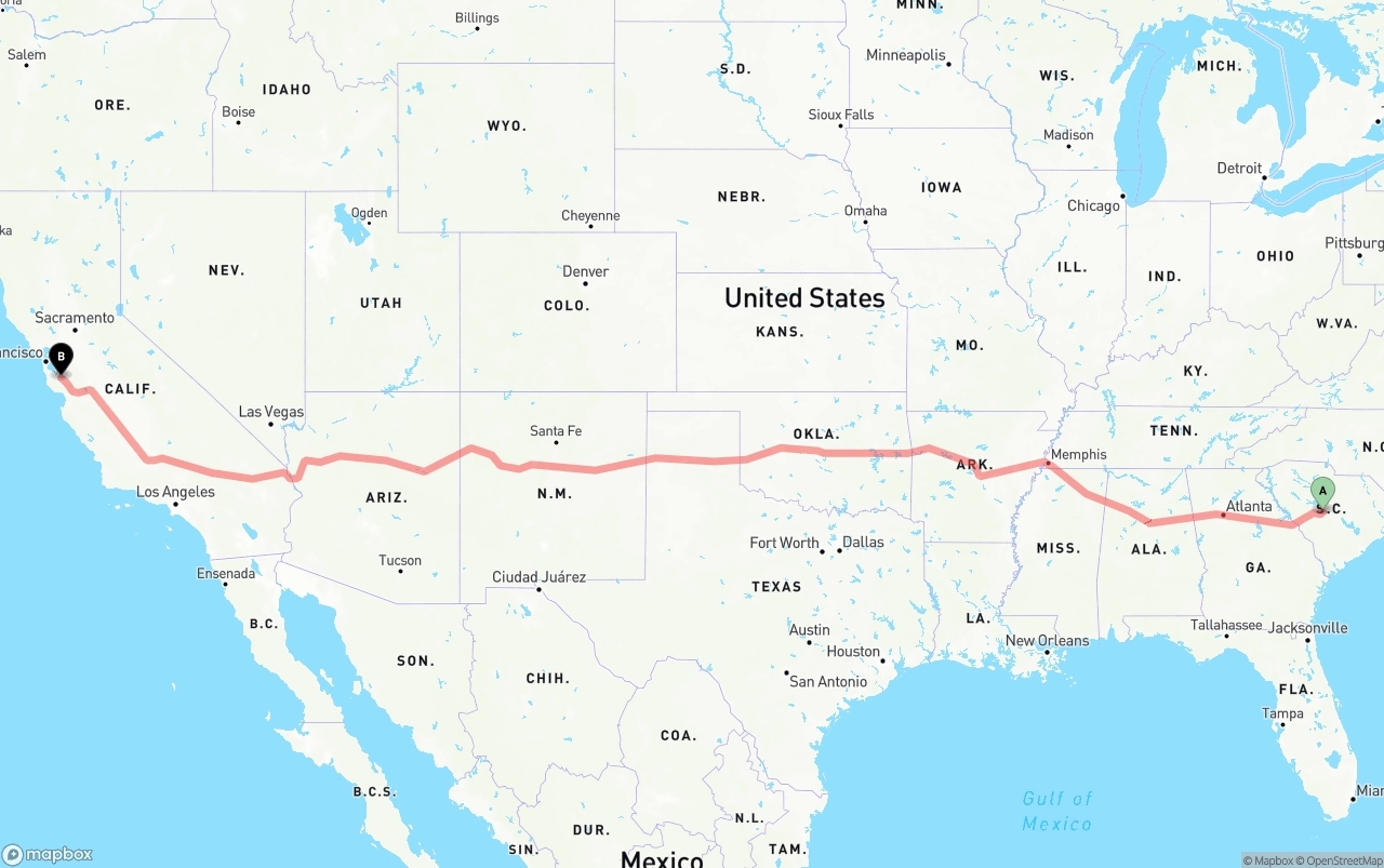 Shipping route from South Carolina to Norman Y. Mineta San Jose International Airport
