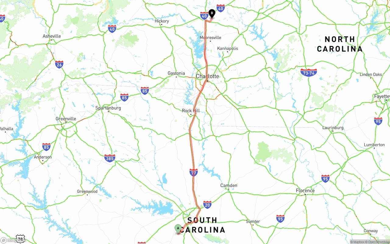 Shipping route from South Carolina to North Carolina