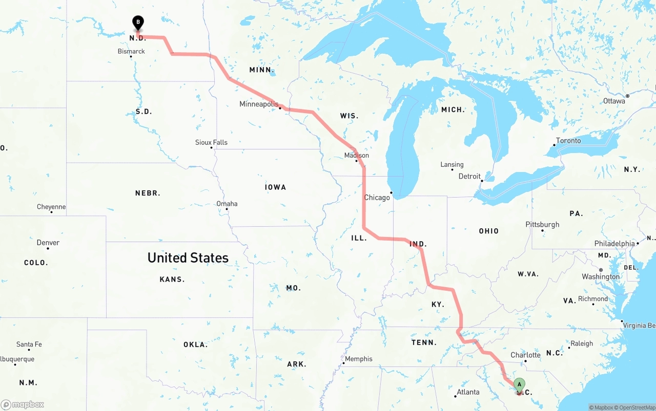 Shipping route from South Carolina to North Dakota