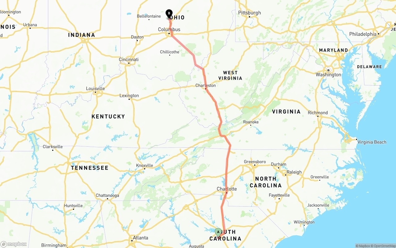 Shipping route from South Carolina to Ohio