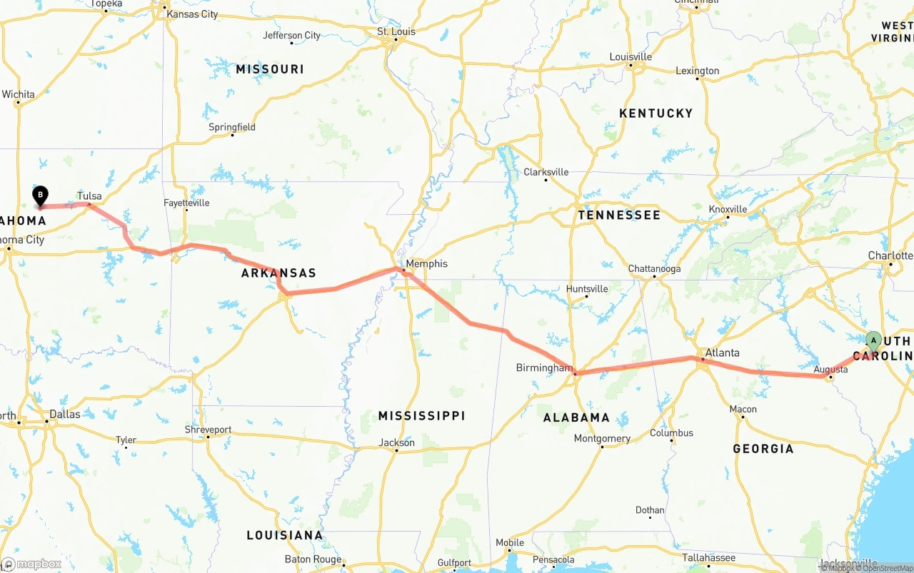 Shipping route from South Carolina to Oklahoma