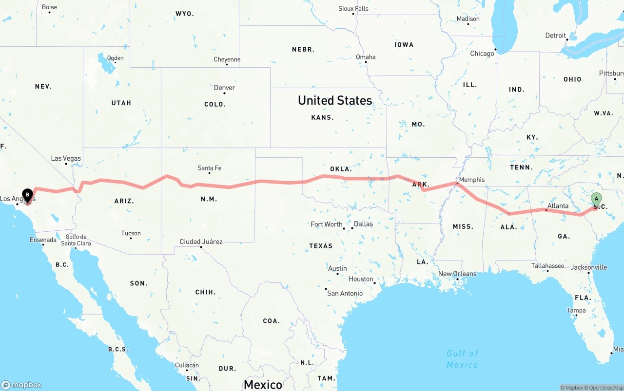 Shipping route from South Carolina to Ontario International Airport