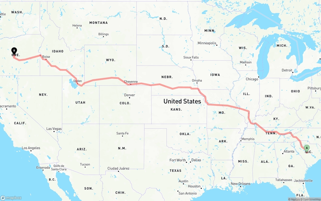 Shipping route from South Carolina to Oregon