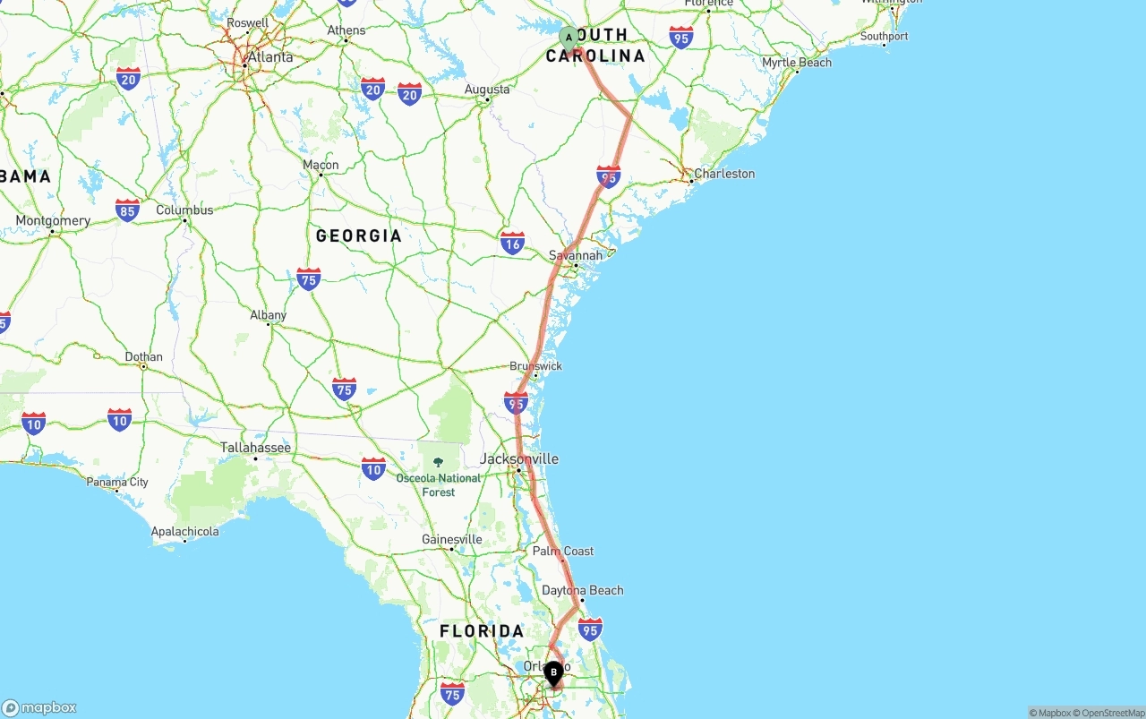 Shipping route from South Carolina to Orlando International Airport
