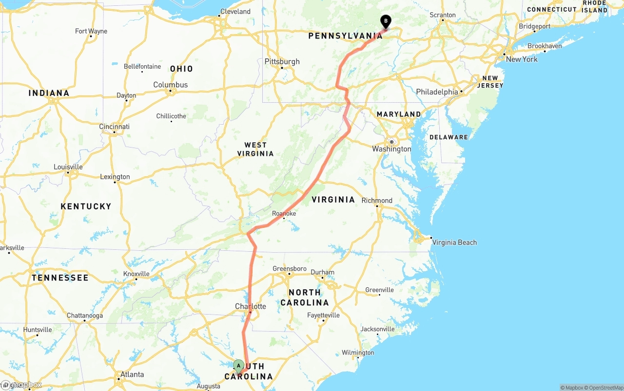 Shipping route from South Carolina to Pennsylvania