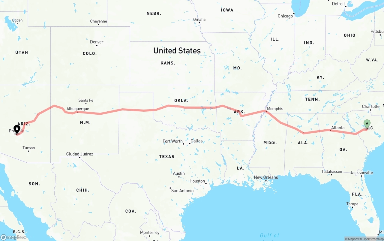 Shipping route from South Carolina to Phoenix Sky Harbor International Airport