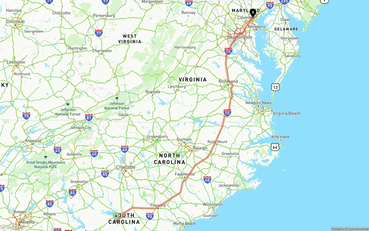 Shipping route from South Carolina to Port of Baltimore