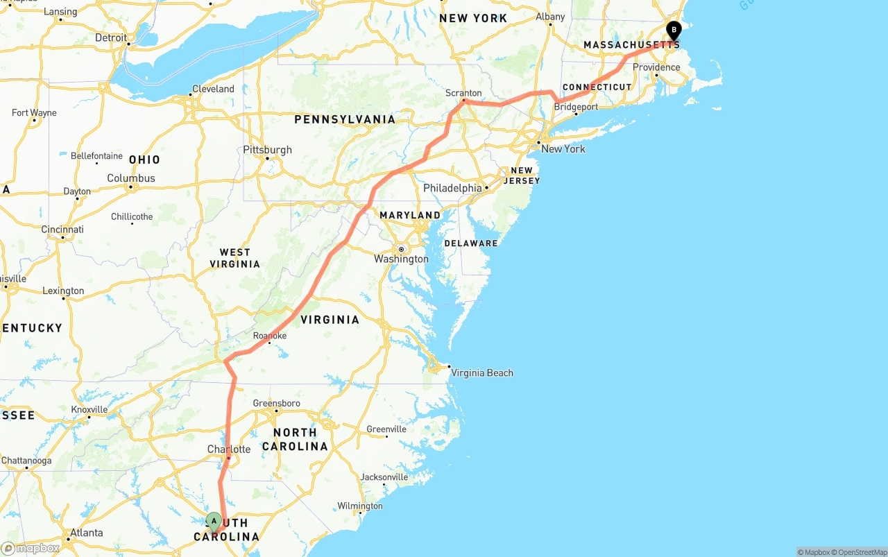 Shipping route from South Carolina to Port of Boston