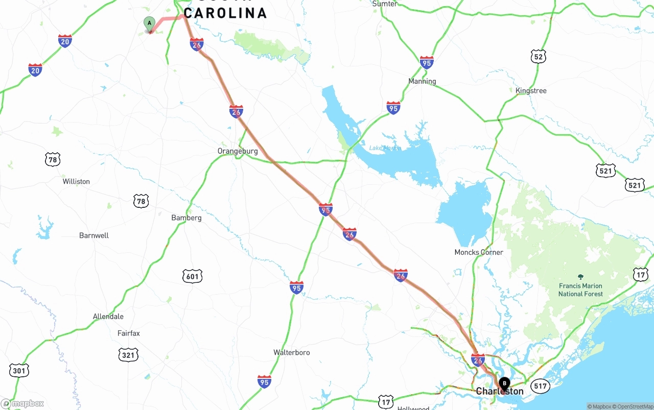 Shipping route from South Carolina to Port of Charleston