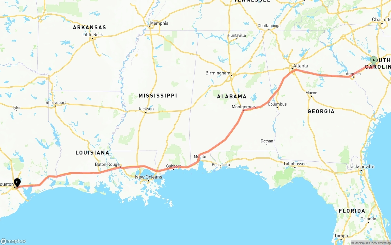 Shipping route from South Carolina to Port of Houston