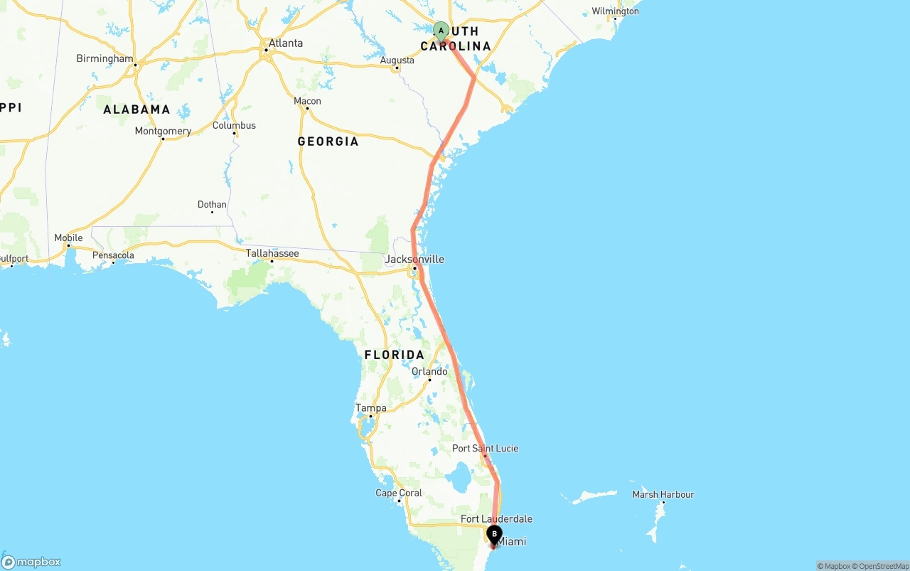 Shipping route from South Carolina to Port of Miami