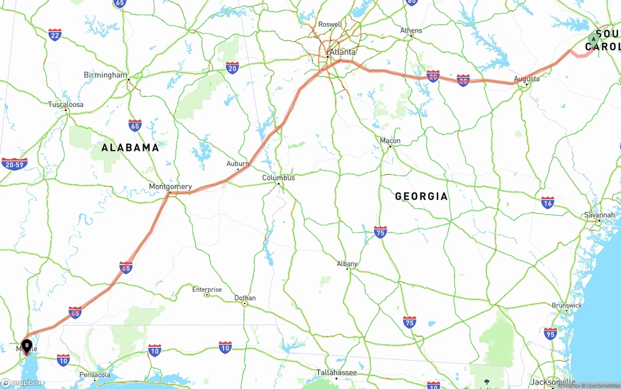 Shipping route from South Carolina to Port of Mobile