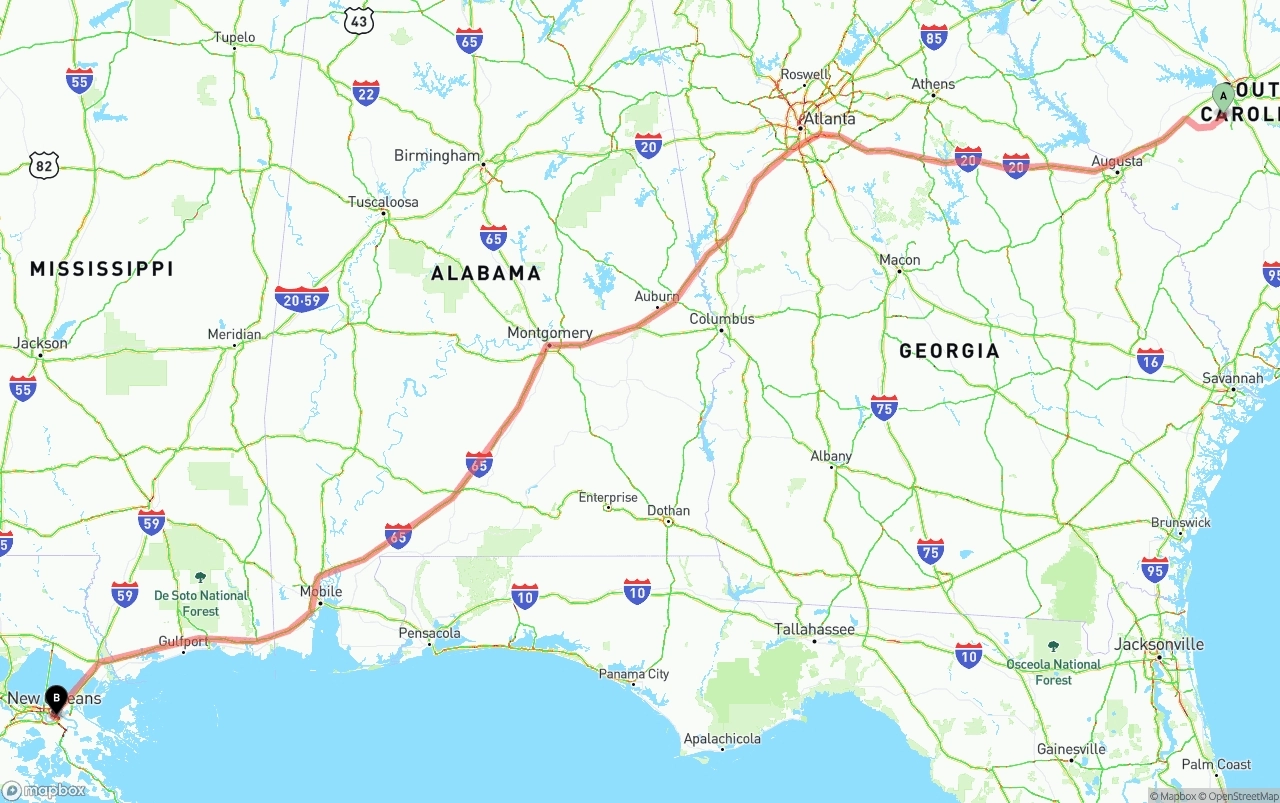 Shipping route from South Carolina to Port of New Orleans